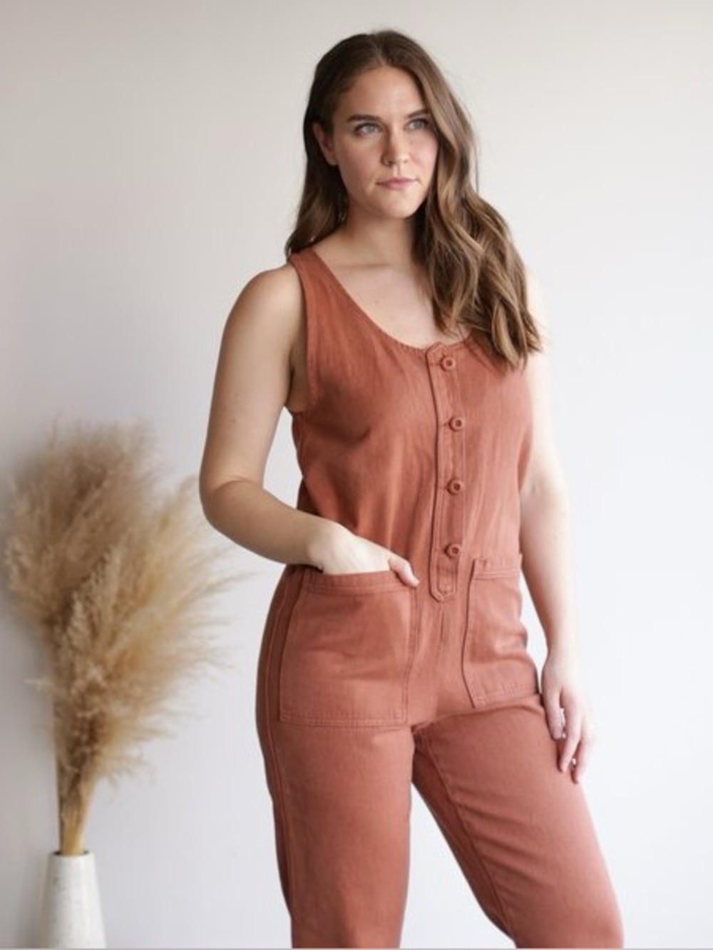 Jungmaven Terracotta Orange Hemp Cotton Button Front Jumper Jumpsuit medium - Picture 3 of 13